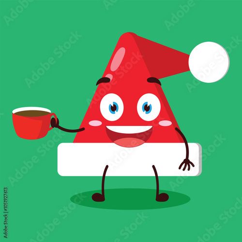 cute cheerful expression of Santa Clause hat carry cup of coffee cartoon character