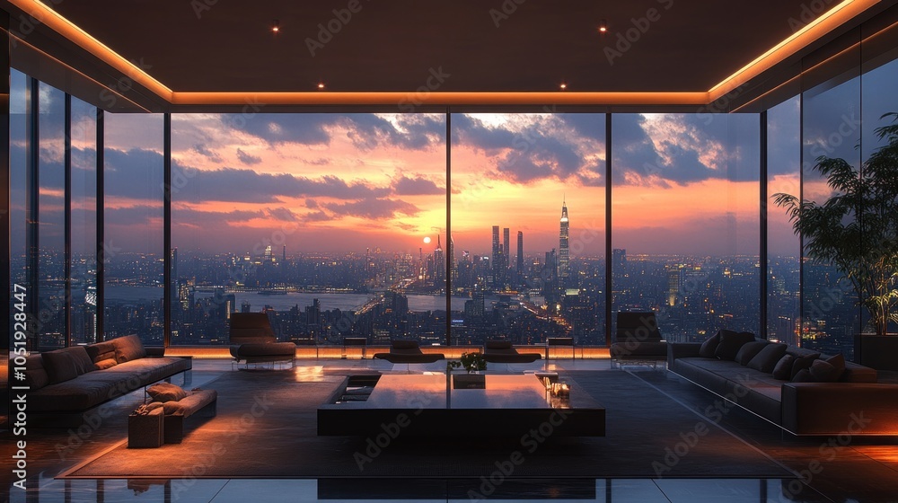 Fototapeta premium Modern living room with city skyline at sunset.