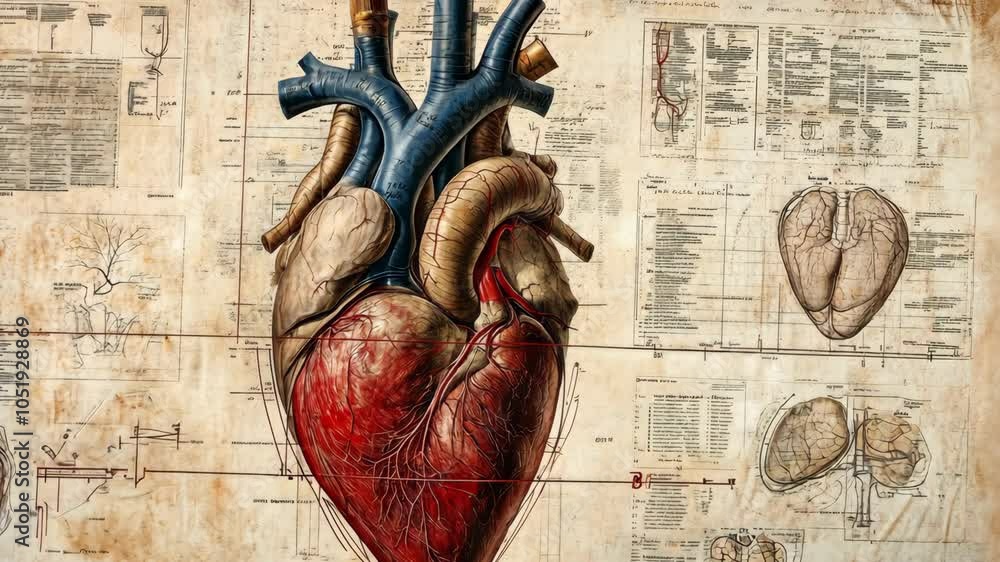 A detailed anatomical illustration of a human heart on an aged paper ...