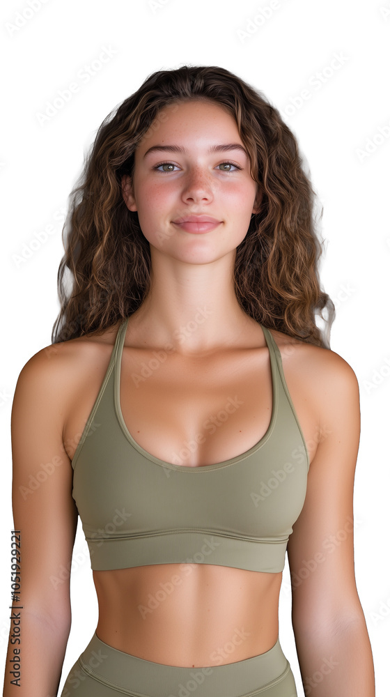 Smiling woman in olive green sportswear on transparent background, fit and healthy lifestyle Smiling woman in olive green sportswear on transparent background, fit and healthy lifestyle