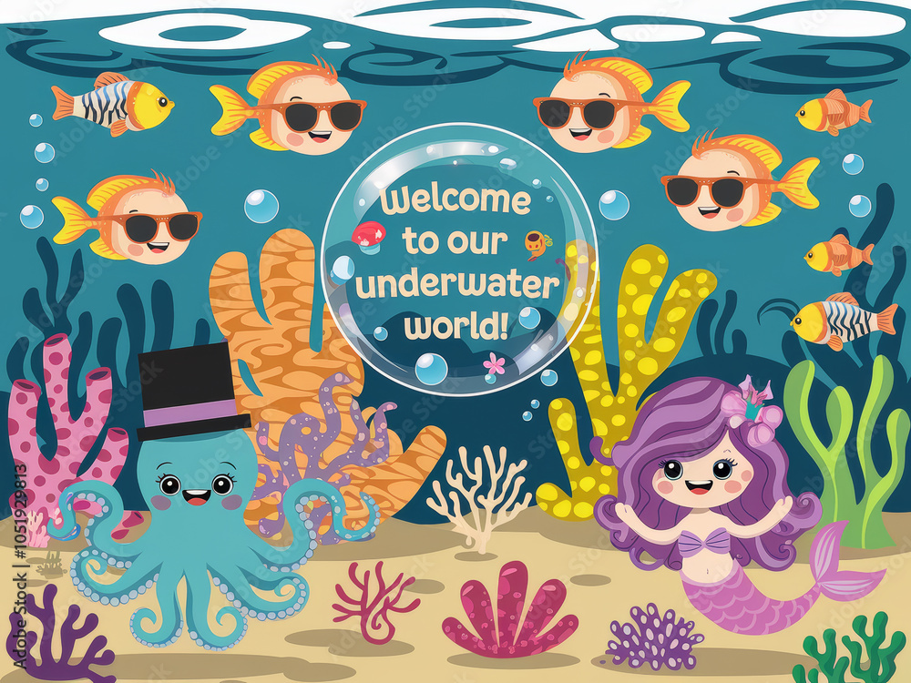Fototapeta premium Colorful underwater scene with cute marine animals and coral reef adventure
