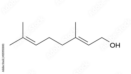 geraniol molecule, structural chemical formula, ball-and-stick model, isolated image monoterpenoid photo