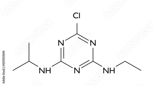 atrazine molecule, structural chemical formula, ball-and-stick model, isolated image herbicide photo