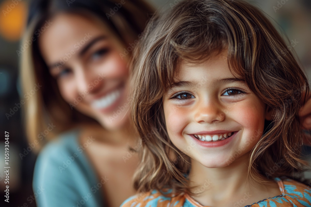 Joyful Child Smiling at Hair Salon with Parent in Background Joyful Child Smiling at Hair Salon with Parent in Background