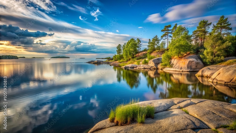 Naklejka premium Long Exposure Serenity at Lake Vänern: Summer Day at Hindens Rev, Sweden, Scandinavia, Europe
