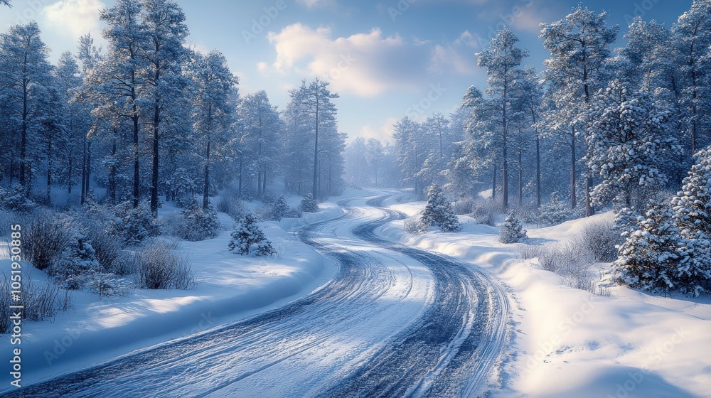 Obraz premium Serene winter landscape with a winding snowy road and pine trees.
