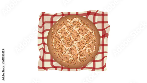 Ramadan Pita (Ramazan Pidesi). It's kind of bread. Traditional Turkish bread for month Ramadan. Pita on and red checkered tablecloth.