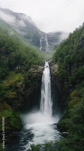 A stunning waterfall cascading down a rocky cliff, surrounded by lush greenery and mist.