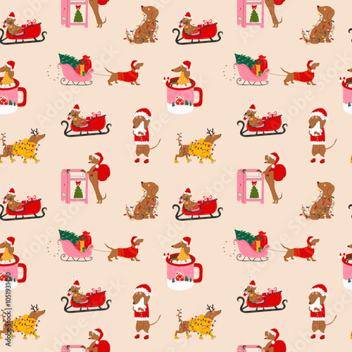 Seamless pattern with dachshund dogs with christmas decorations. Happy holiday