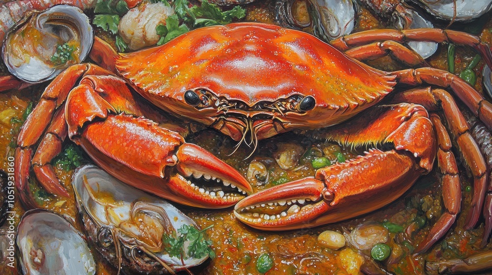 Close-up of a Thai curry crab dish in a rich, spicy sauce, surrounded by other delicious seafood. Close-up of a Thai curry crab dish in a rich, spicy sauce, surrounded by other delicious seafood.
