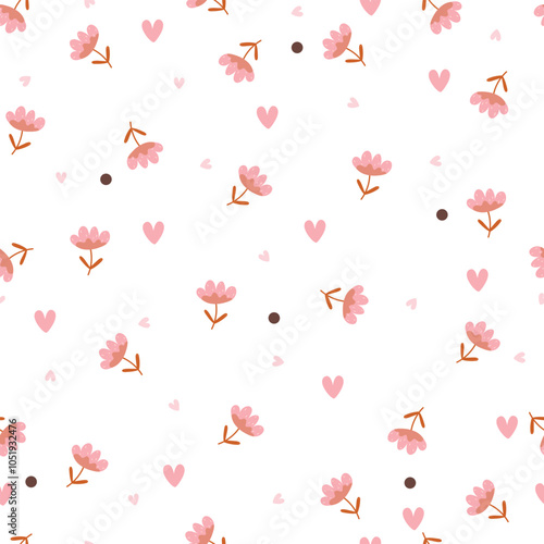 Cute pink flowers on white background. Seamless floral pattern with pink tulips and black dots.