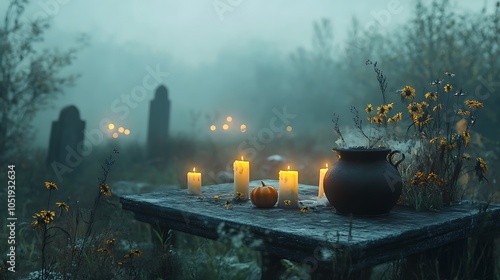 A spooky Halloween table with glowing candles, pumpkins, and a witch's cauldron, blurred fog-covered graveyard in the background. The candles cast a ghostly light, photo