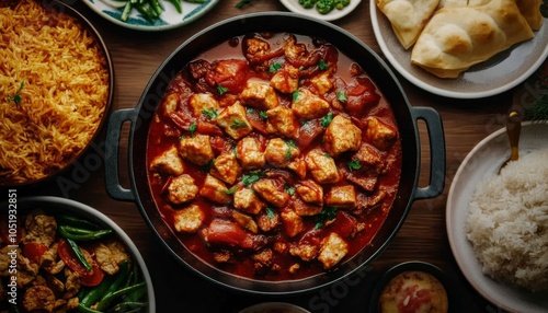 A vibrant spread of Indian dishes including curry, rice, and snacks.