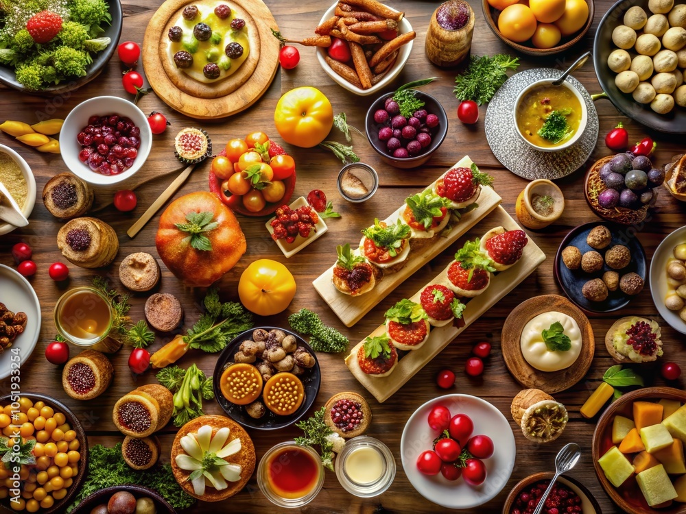 Luxurious Night Photography of a Gourmet Food Assortment from Above with Opulent Presentation and Elegant Lighting Luxurious Night Photography of a Gourmet Food Assortment from Above with Opulent Presentation and Elegant Lighting