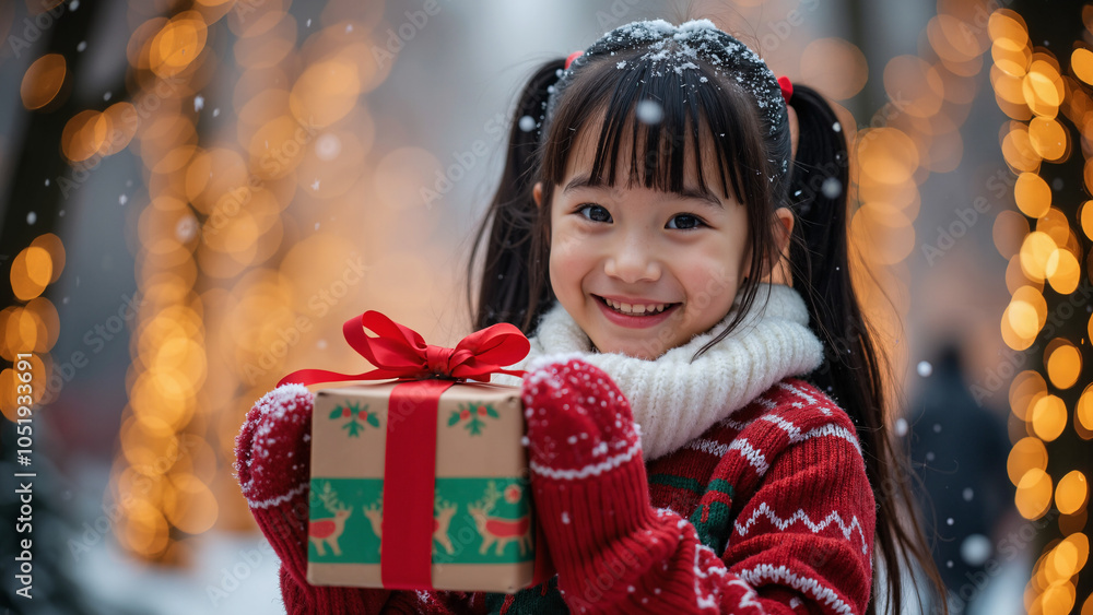 Joyful Asian Girl with Christmas Gift: Festive Outdoor Scene for Holiday Marketing and Seasonal Campaigns Joyful Asian Girl with Christmas Gift: Festive Outdoor Scene for Holiday Marketing and Seasonal Campaigns