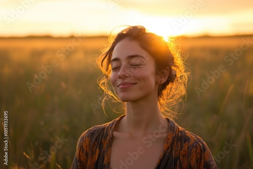 Backlit Portrait of calm happy smiling free woman with closed eyes portrait outdoors nature. photo