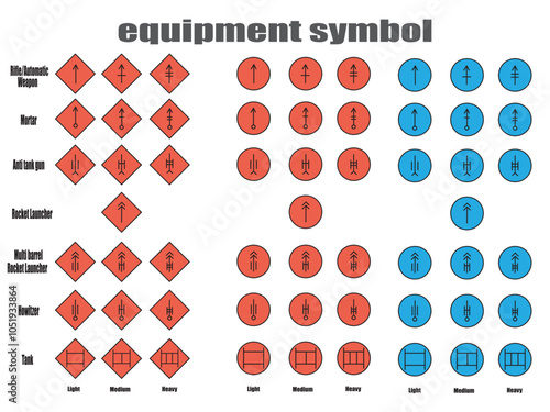 Set of icons depicting topographical symbols of weapons in military style, vector illustration. Flat design