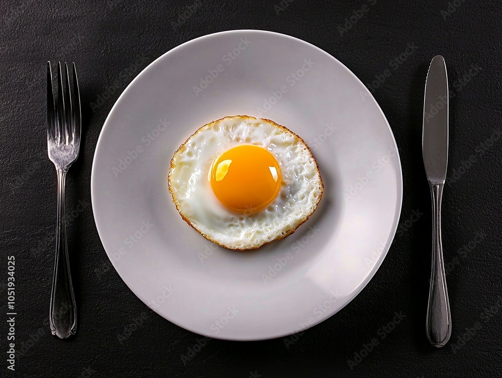 Fried egg with yellow yolk on a white plate, black background. Fried egg with yellow yolk on a white plate, black background.