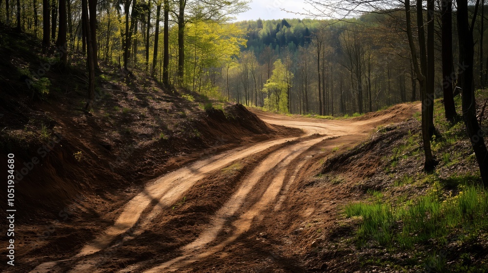 Fototapeta premium Winding dirt path through lush green forest, sunlight filtering through trees