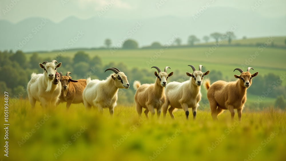 Obraz premium Charming Group of Goats Frolicking Playfully on a Grassy Hillside in a Picturesque Rural Landscape