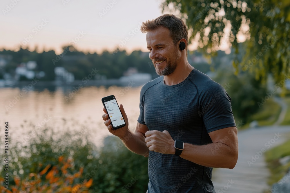Fototapeta premium A fit male jogger holding a smartphone while exercising along a picturesque riverside, symbolizing a healthy lifestyle and modern fitness tracking practices.