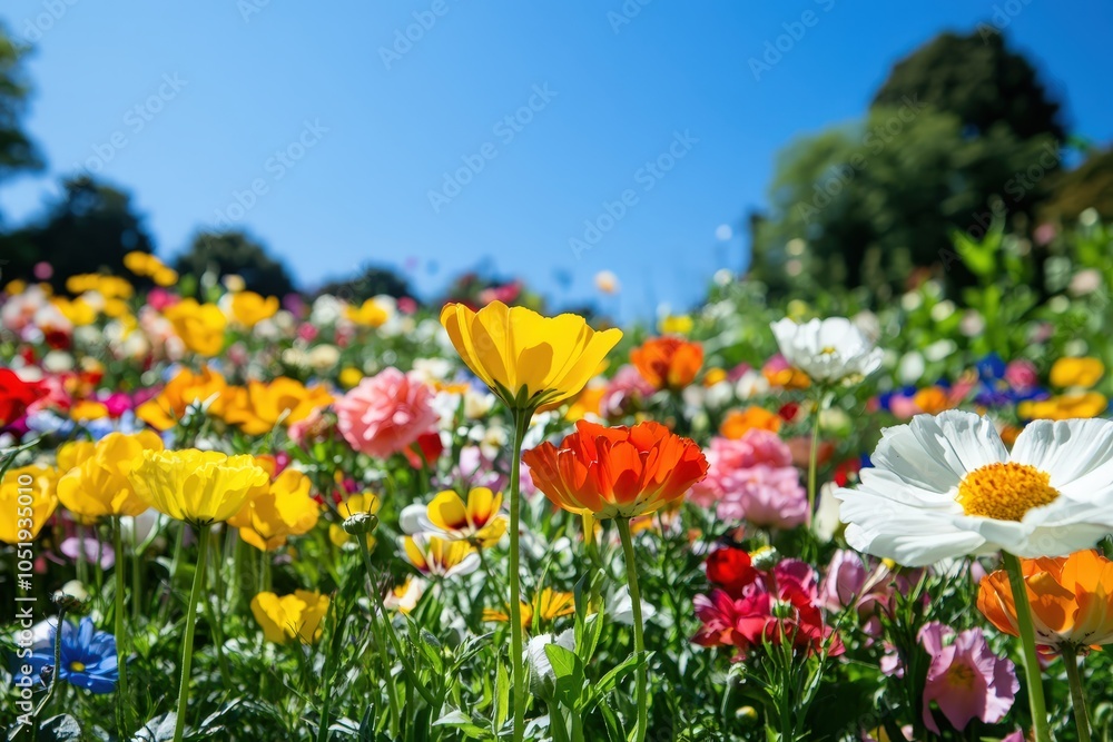 Vibrant wildflower meadow in full bloom under clear blue sky. Vibrant wildflower meadow in full bloom under clear blue sky.