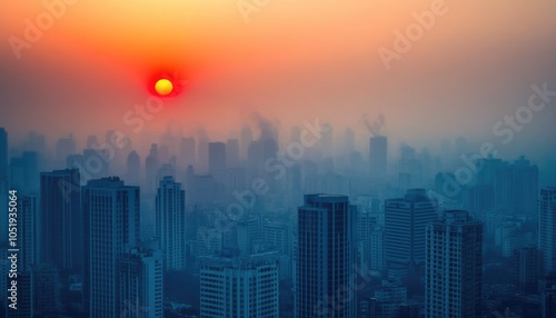 Wallpaper Mural Cityscape Sunset with Foggy Skyscrapers and a Glowing Sun Torontodigital.ca