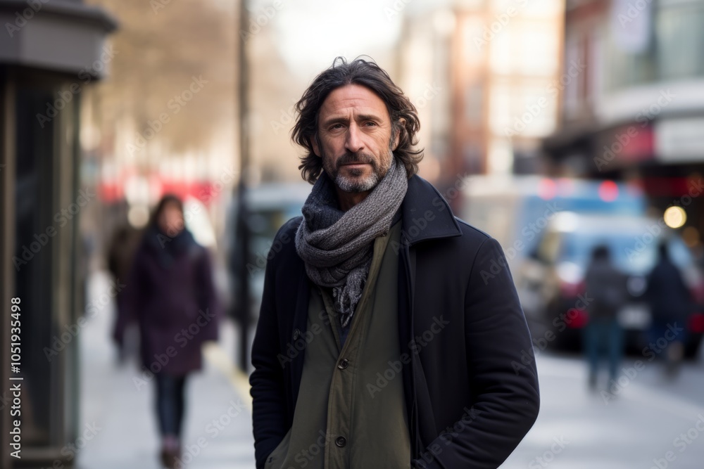 Portrait of a middle-aged man with a beard and moustache in a coat and scarf on a city street Portrait of a middle-aged man with a beard and moustache in a coat and scarf on a city street