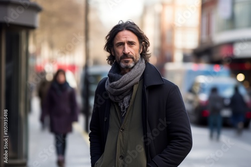 Portrait of a middle-aged man with a beard and moustache in a coat and scarf on a city street