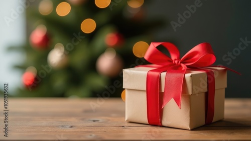 Wallpaper Mural gift box on a wooden table on the background of a Christmas tree, Christmas banner, greeting card Torontodigital.ca