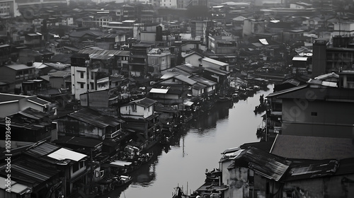 Here is the high-angle, wide-lens, vintage-style black-and-white image of Bangkok's cityscape, evoking a nostalgic atmosphere.