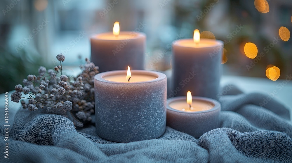 A serene arrangement of lit candles on a soft fabric, creating a cozy atmosphere. A serene arrangement of lit candles on a soft fabric, creating a cozy atmosphere.