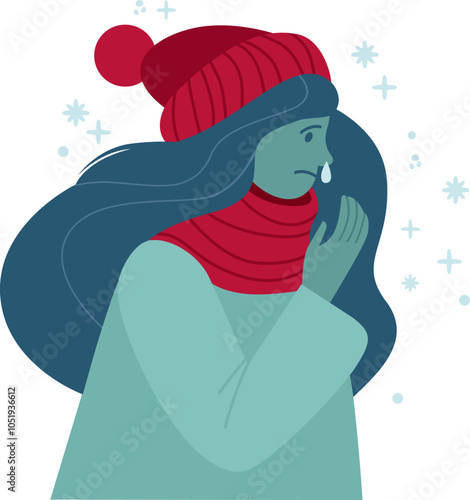Woman with runny nose. Unhealthy girl feel sick virus, fever, flu or cold. Flue season concept