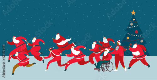 People characters participants of Santa fun race marathon.