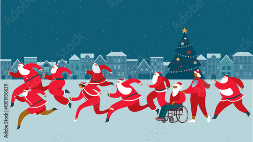 Santa fun race marathon on city street. Flat vector illustration