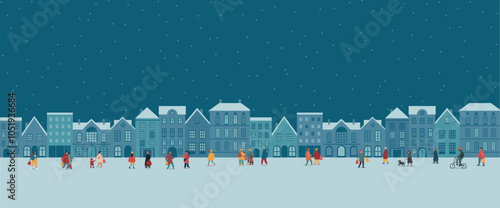 Busy City street at winter night. People walking, doing Christmas shopping. Urban landscape in minimal flat style.