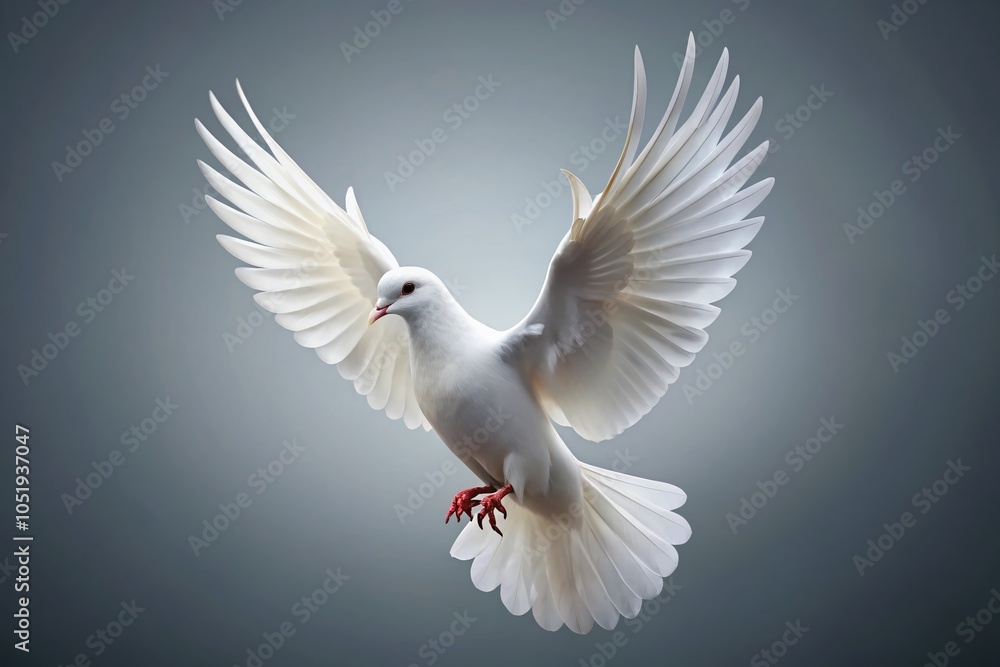 Fototapeta premium Majestic White Dove in Flight with Open Wings for Peaceful Imagery and Symbolism