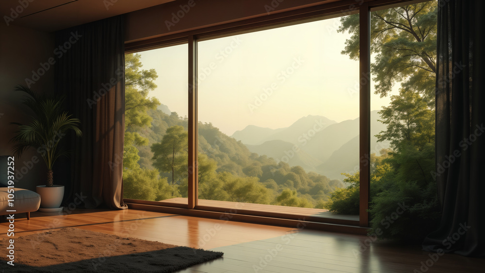 Fototapeta premium Discover the Tranquil Connection Between Indoor Comfort and the Outside World Through a Graceful Window View