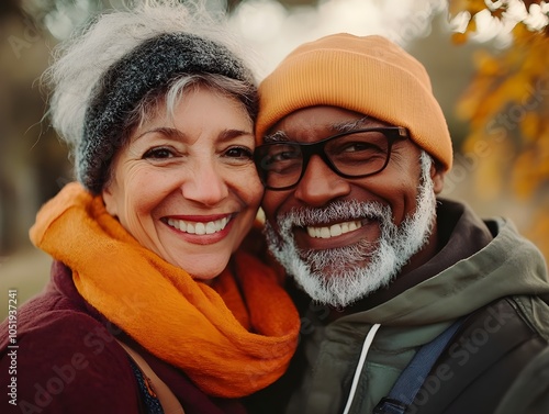 Happy International Elderly Couple Embracing Outdoors photo