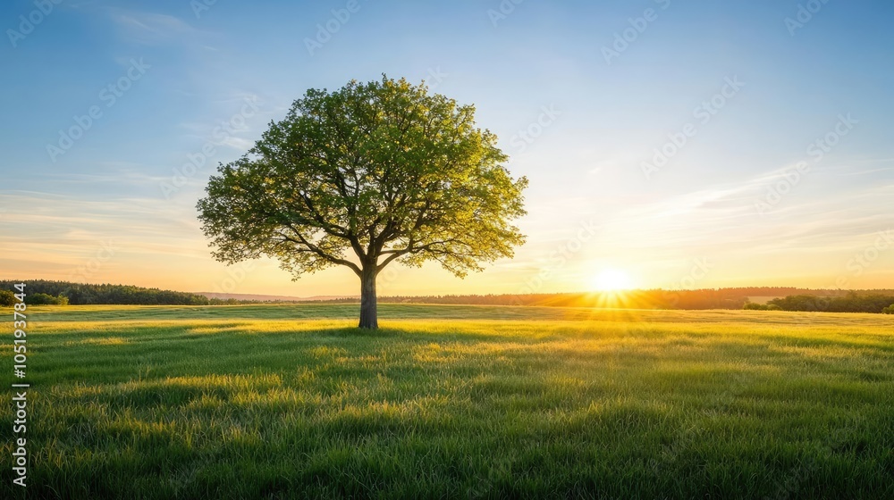 Fototapeta premium Sunset over a single tree in a lush green field, vibrant colors and serene atmosphere.