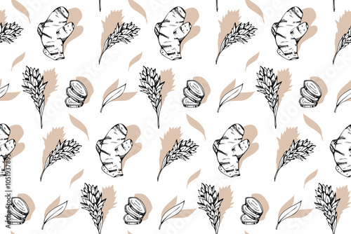 Seamless pattern background with a sketch of ginger roots and blossom. Heallhy food doodle elements