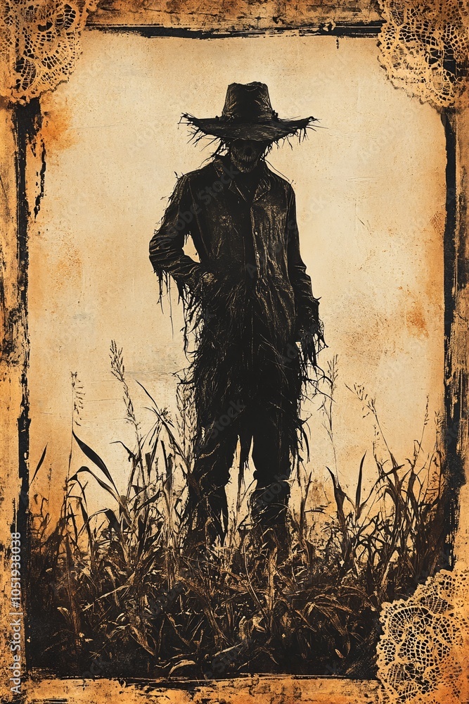 Fototapeta premium The haunting presence of a scarecrow amongst fields a symbol of harvest and nature's mysteries