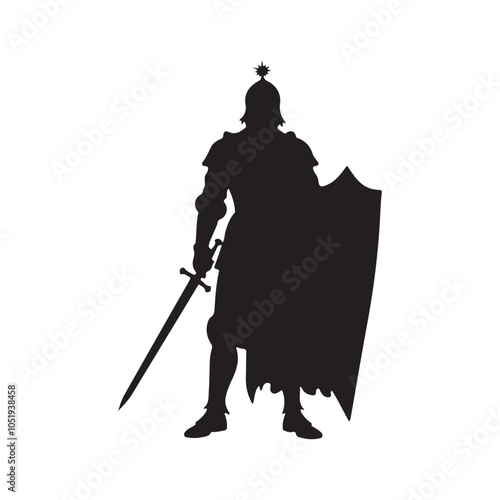 Silhouette of Medieval Knight Holding Sword.