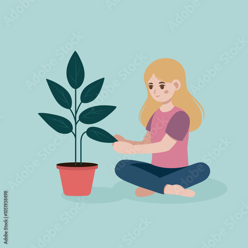 Young girl with blond hair sitting taking care of a plant. Flat vector illustration of blonde girl and plant on a plain background