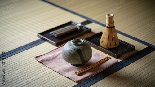 Japanese tea ceremony set on tatami mat with a tea bowl, whisk, incense, and chopsticks. photo