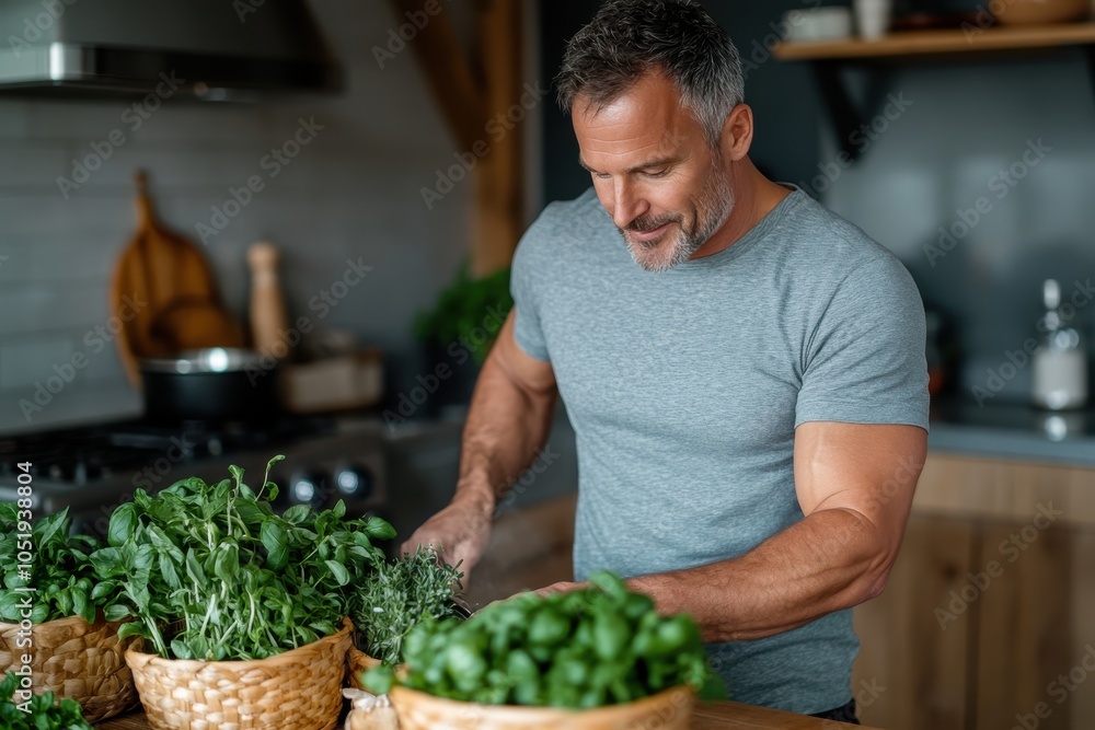 Fototapeta premium A man in a grey shirt chops fresh herbs on a wooden countertop, immersed in a cozy kitchen filled with natural light, reflecting skill, concentration, and lifestyle joy.