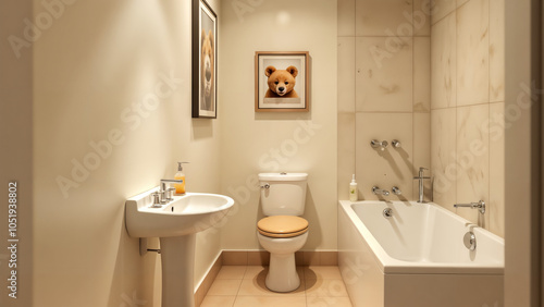 Wallpaper Mural A Cozy Bathroom Setting with a Charming Bear Portrait Above the Sink and Tub Torontodigital.ca