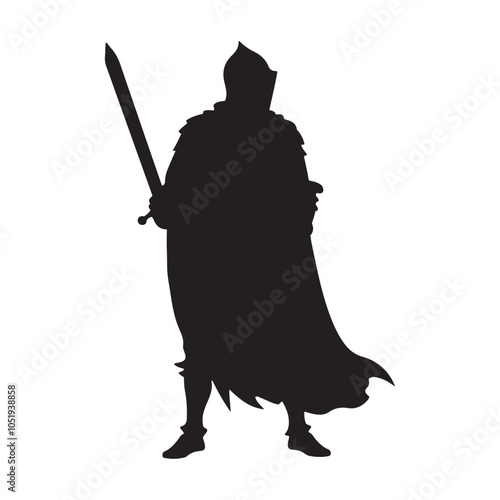 Silhouette of Medieval Knight Holding Sword.