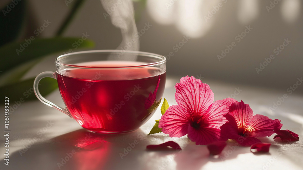 Rosehip tea in glass cup with hibiscus flower Rosehip tea in glass cup with hibiscus flower