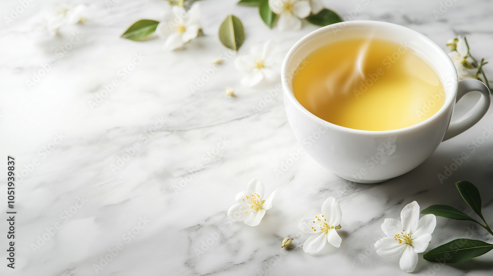 Cup of green tea on marble surface with flowers Cup of green tea on marble surface with flowers